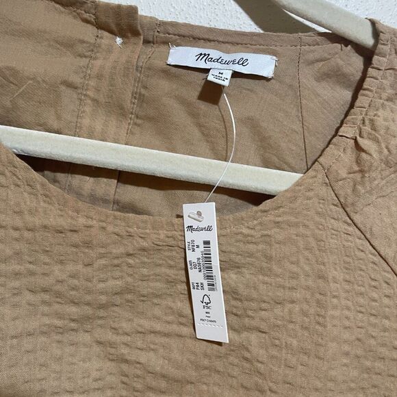 NEW Madewell Size M Seersucker Puff Sleeve Cutout Mini Dress Tan Button Back - Picture 4 of 14